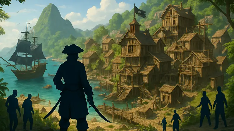 Изображение из игры Corsair Cove, демонстрирующее пиратский остров и строительство города.