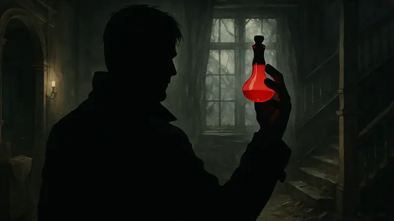 Главный герой Resident Evil Requiem держит в руке колбу с красной жидкостью, на фоне мрачного интерьера