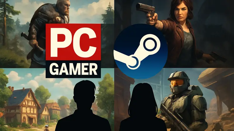Логотип PC Gamer и Steam на фоне коллажа из новых игровых скриншотов для ПК.