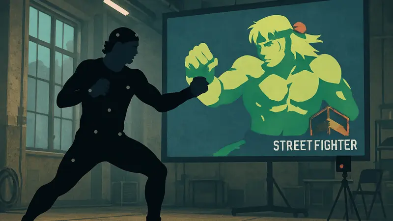 Кенни Омега в костюме для захвата движений, демонстрирующий боевые приемы для персонажа Алекс из Street Fighter 6