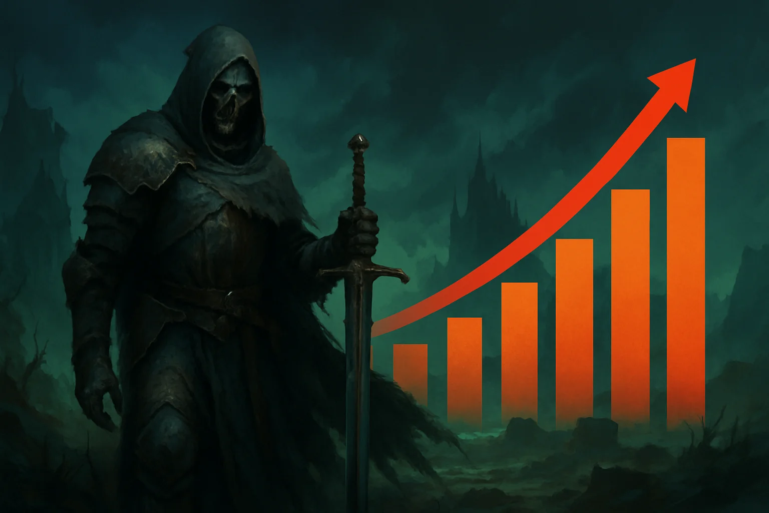 Главный герой Tainted Grail: The Fall of Avalon, стоящий в мрачном фэнтезийном мире, на фоне продажных графиков.