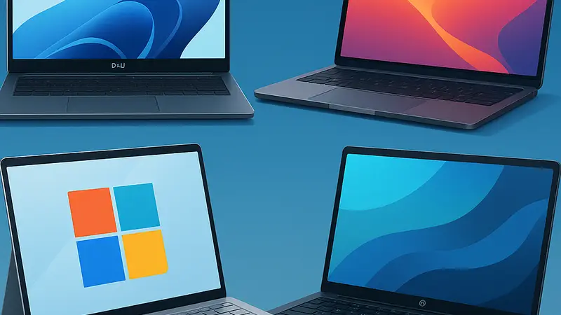 Коллекция различных моделей ноутбуков от ведущих брендов, включая Dell, Apple, HP и Microsoft