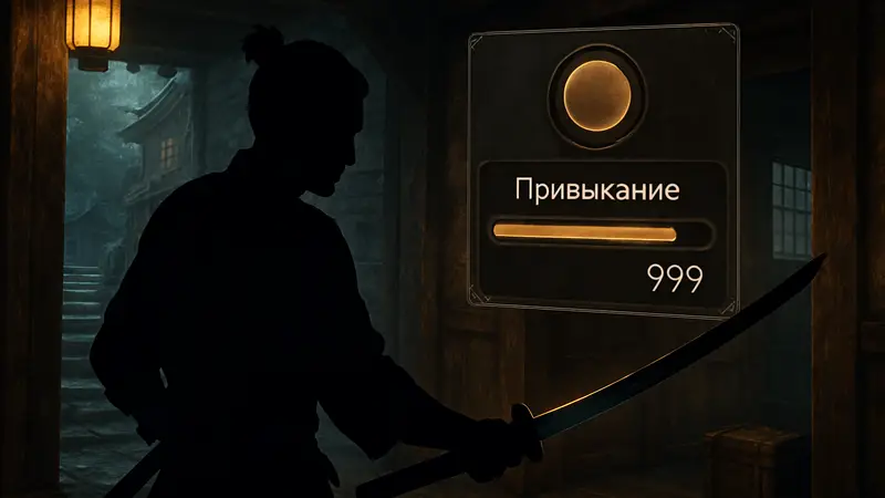 Игрок в Nioh 3 держит катану, на экране отображается всплывающее окно с характеристиками 'Привыкание'.