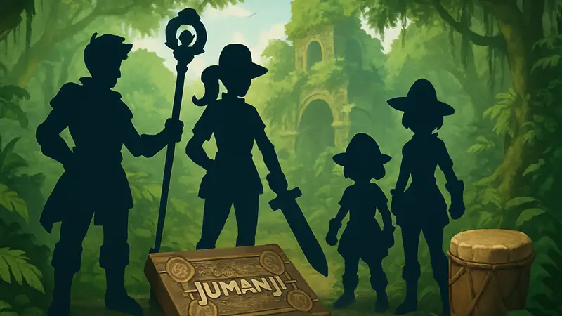 Герои Shop Titans среди джунглей или с предметами из фильма «Джуманджи».