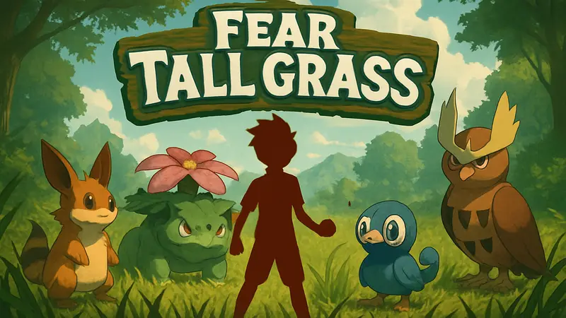 Логотип игры Fear Tall Grass на фоне персонажей, похожих на покемонов