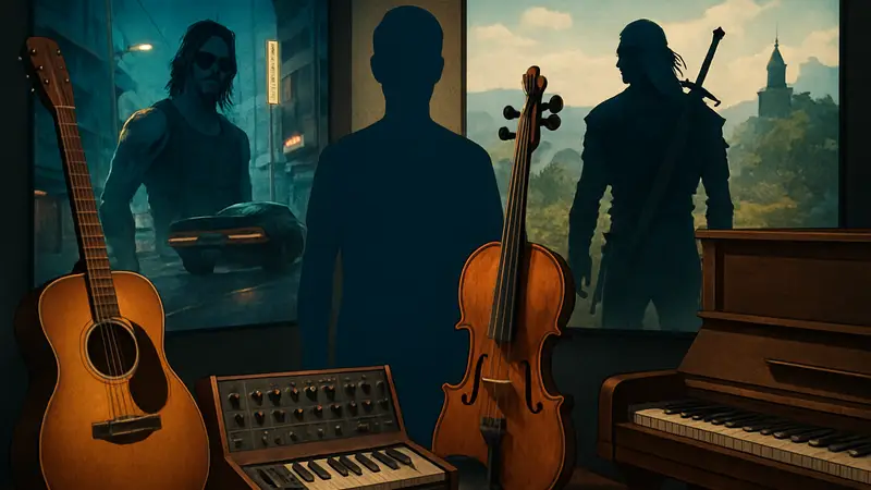 Музыкальные инструменты на фоне скриншотов из игр Cyberpunk 2077 и The Witcher 3