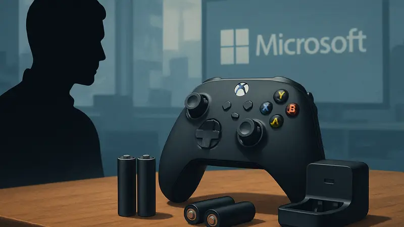 Контроллер Xbox лежит рядом с комплектом перезаряжаемых батареек и зарядной станцией, предлагаемых Microsoft в качестве компенсации.