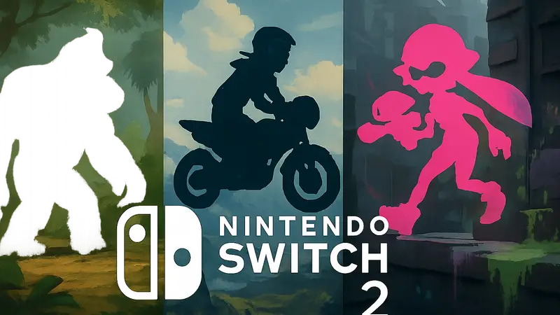 Логотип Nintendo Switch 2 с кадрами из игр Donkey Kong Bananza, Kirby Air Riders и Splatoon Raiders.
