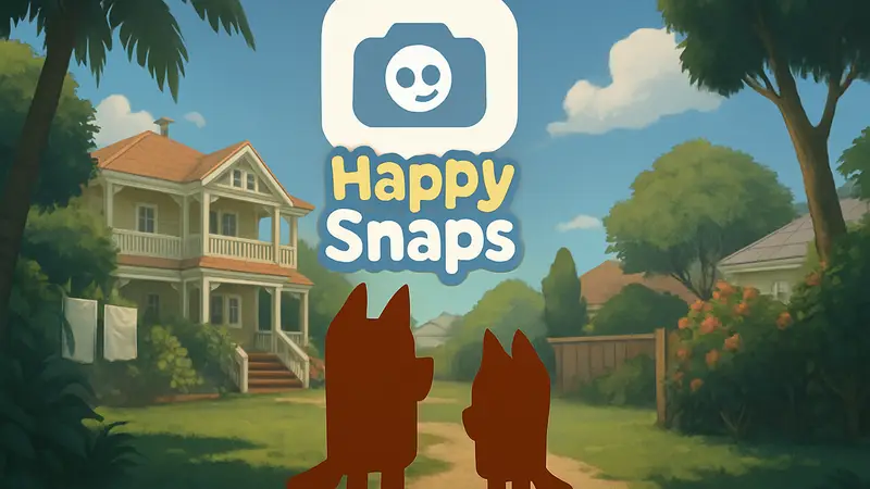 Логотип игры Happy Snaps с персонажами мультсериала Bluey, анонс от Gameloft.