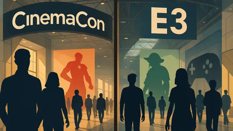 Сравнение масштабов выставок CinemaCon и E3 для кино и игр.