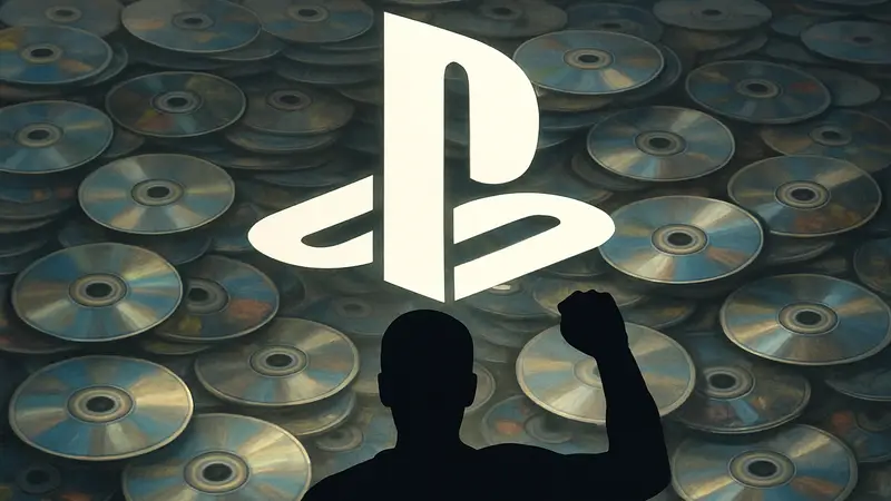 Логотип PlayStation на фоне кучи игровых дисков, символизирующий протест игроков