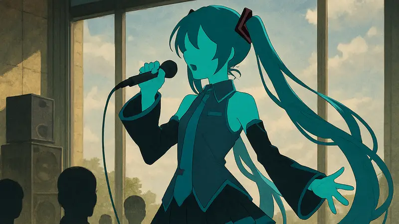 Иллюстрация Hatsune Miku V6 с новым дизайном от художника LAM, демонстрирующая возможности вокала.