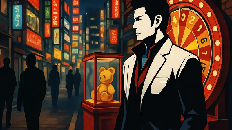 Кадзума Кирю и з Yakuza Kiwami 3 в городе Камурочо, элементы мини-игры с лотереей.