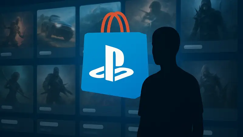 Логотип PlayStation Store на фоне экрана с играми и ценниками
