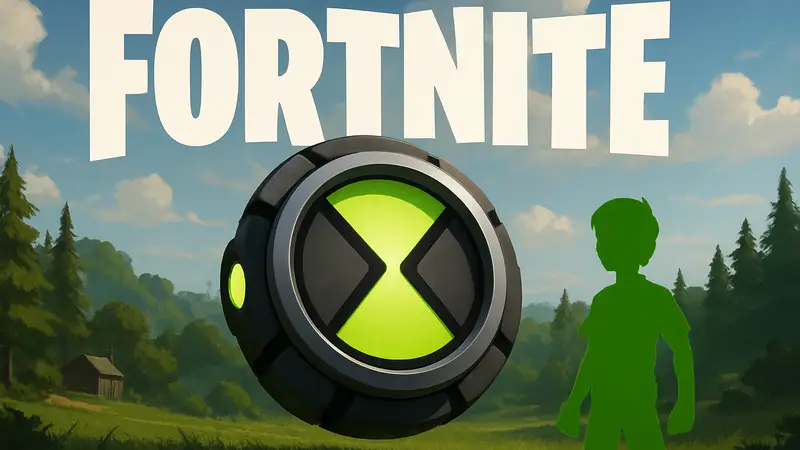 Тизер коллаборации Fortnite и Ben 10, изображающий иконку Омнитрикса на фоне логотипа Fortnite