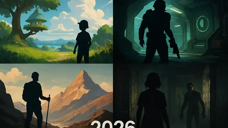 Коллаж из логотипов или скриншотов игр Pokopia, Marathon, Cairn и Resident Evil Requiem с указанием года 2026.