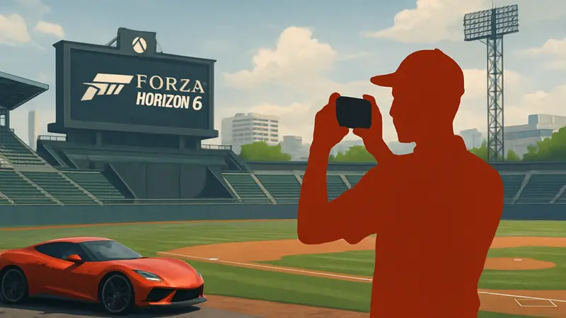 Игрок делает фото стадиона Эдогава в Forza Horizon 6 для фотовызова Pitcher Perfect
