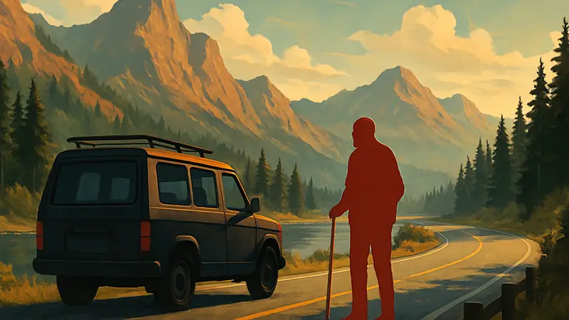 Логотип игры Forever Ago или арт-изображение из игры в стиле роуд-трипа