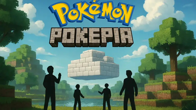 Логотип Pokémon Pokopia с элементами Minecraft, символизирующий облачные серверы и мультиплеер.