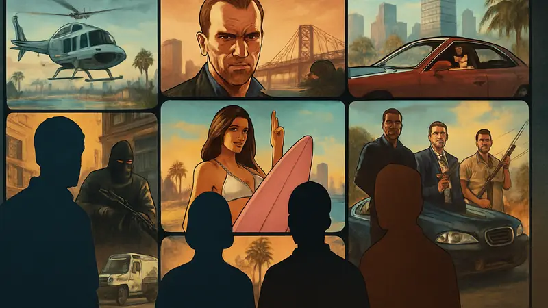 Коллаж из обложек игр серии Grand Theft Auto, включая недавно представленную GTA 6.