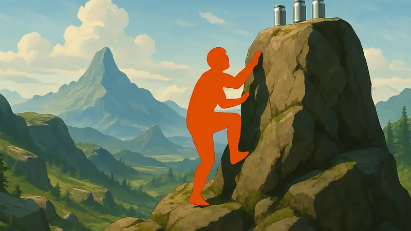 Персонаж Baby Steps пытается забраться на сложную вершину, где стоят банки, на фоне красивый пейзаж