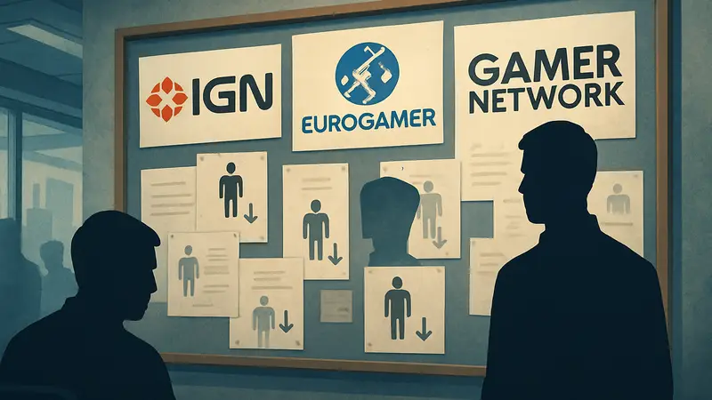 Логотипы IGN, Eurogamer и Gamer Network на фоне новостей о сокращениях.