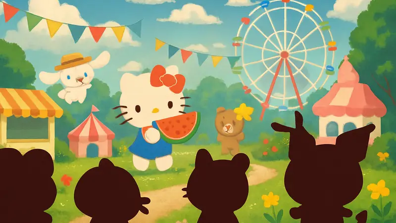 Персонажи Sanrio, такие как Hello Kitty, на фоне летнего события