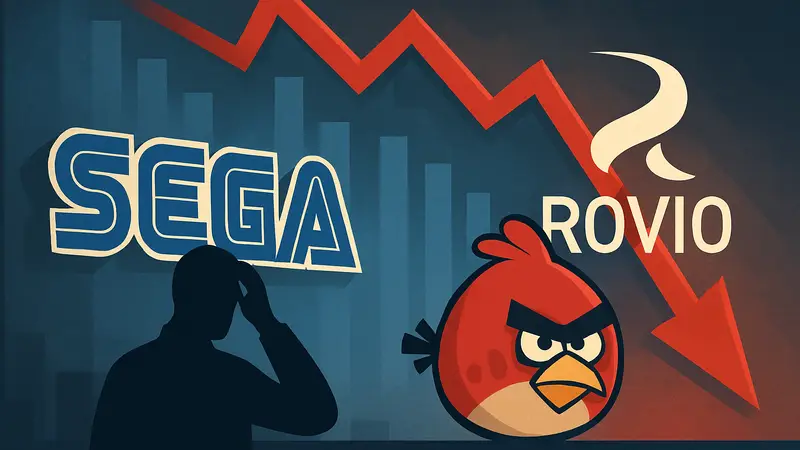 Логотип Sega и Rovio на фоне падающего графика, символизирующего убытки в $200 млн