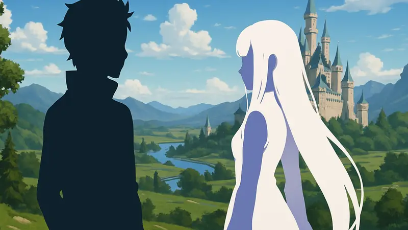 Главные герои аниме Re:Zero: Субару и Эмилия, на фоне фэнтезийного мира и замка.