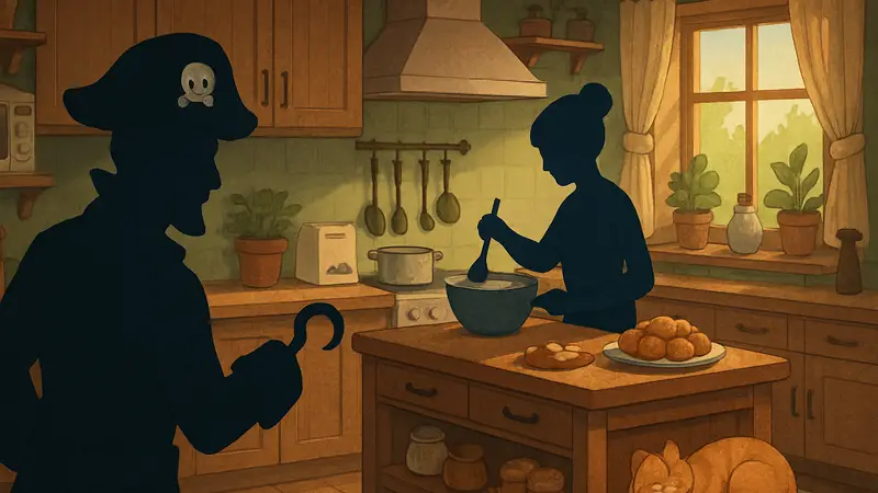 Игра Burgie's Cozy Kitchen, скриншот с элементами 'пиратского режима' или уютной кухни, демонстрирующий геймплей.