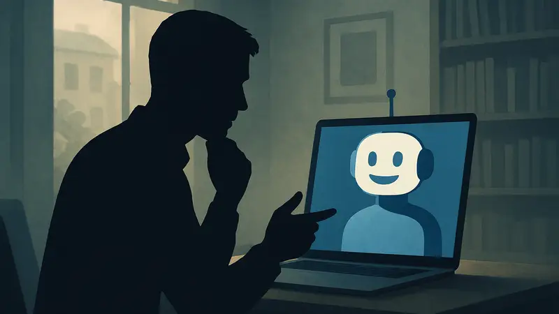 Иллюстрация: человек спрашивает совета у ИИ-чатбота на экране.