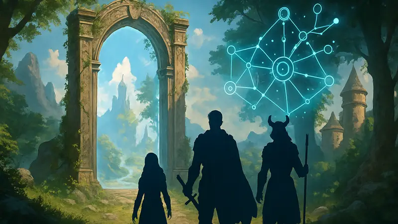 Иллюстрация к игре Gates of Krystalia, показывающая isekai-сеттинг и элементы ИИ в TTRPG