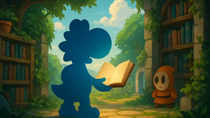 Игровой скриншот Yoshi and the Mysterious Book, демонстрирующий яркую графику и персонажей.