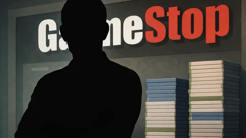 Райан Коэн, CEO GameStop, на фоне логотипа компании и стопок коробок с играми