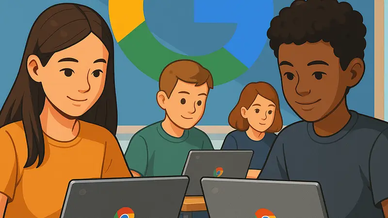Группа школьников, использующих Chromebooks в классе, с логотипом Google на фоне.