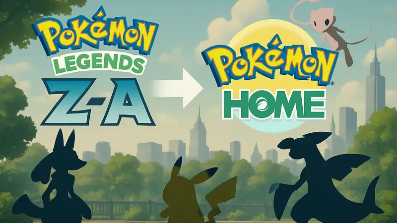 Логотип Pokémon Legends Z-A и иконка Pokémon Home, указывающие на интеграцию, с покемонами вокруг.