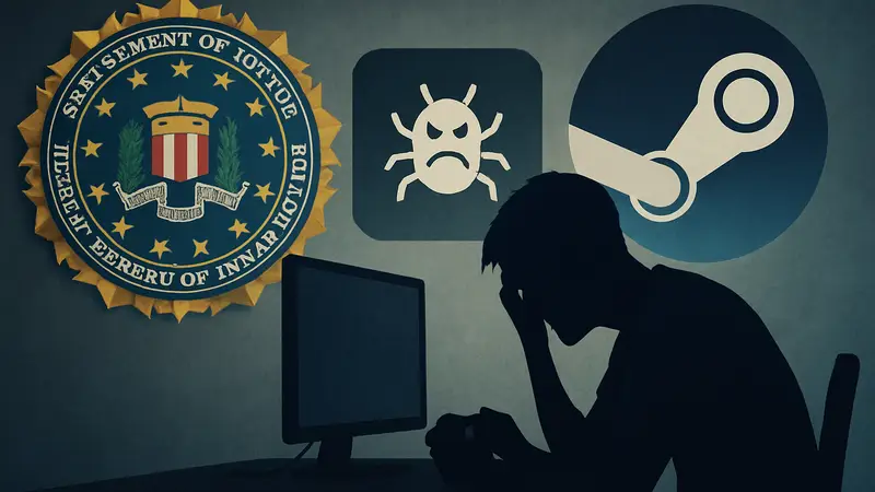 Логотип ФБР и Steam на фоне иконки вредоносного ПО и геймера, пострадавшего от мошенничества