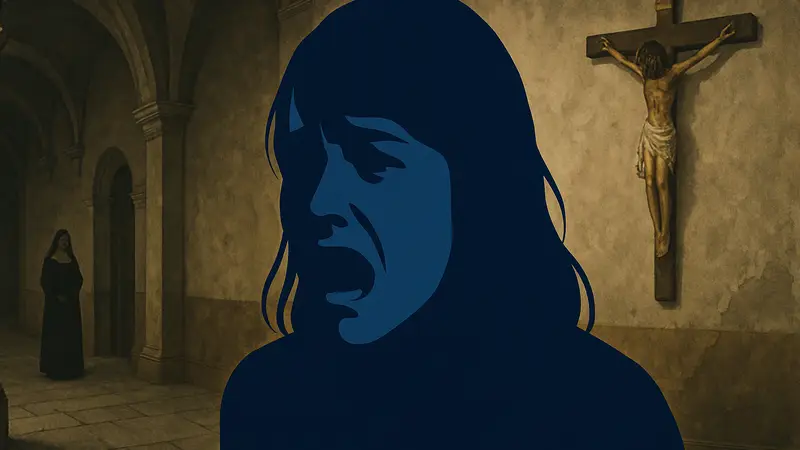 Портрет Сидни Суини из фильма Immaculate, демонстрирующий эмоции страха и напряжения