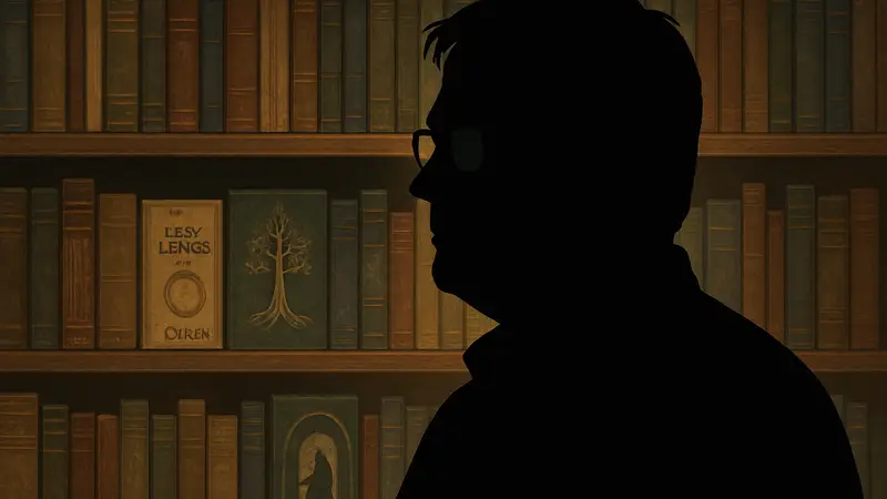 Портрет Брендона Сандерсона, известного автора фэнтези, на фоне книжной полки