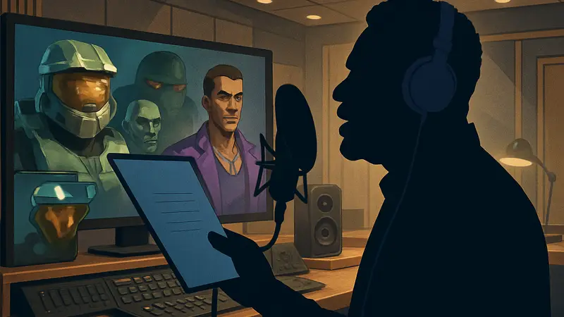 Голливудский актёр Кит Дэвид в студии звукозаписи, озвучивающий персонажа видеоигры