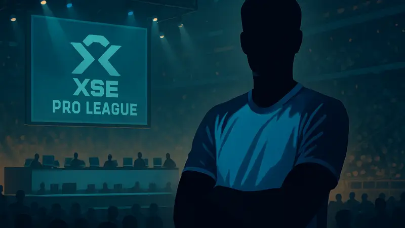 Киберспортсмен faveN в футболке команды на фоне игрового турнира XSE Pro League.