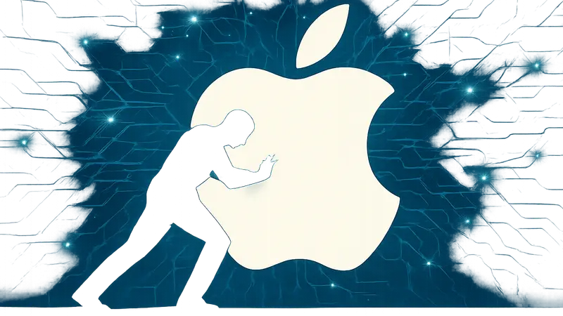 Логотип Apple на фоне ИИ-нейросети, символизирующий давление