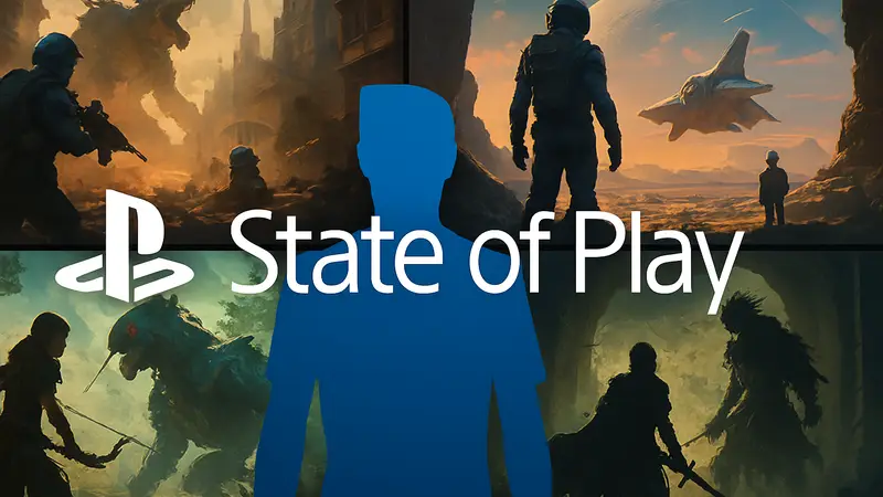 Логотип PlayStation State of Play на фоне игровых кадров с презентации 2026.