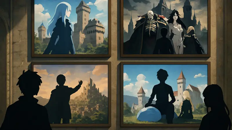 Коллекция постеров исекай аниме про строительство королевств, включая О моём перерождении в слизь и Повелителя.