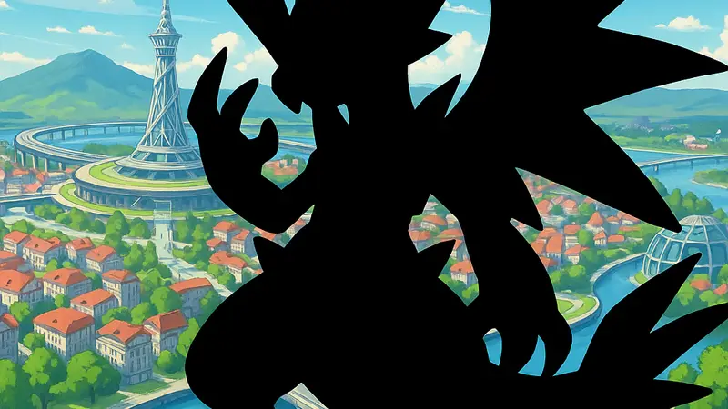 Силуэт нового Мега-покемона на фоне мира Pokemon Legends Z-A, указывающий на тайну и ожидание