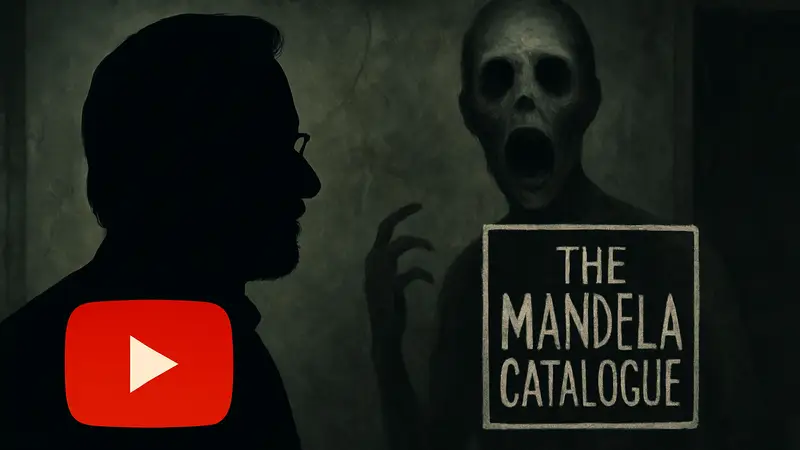 Стивен Спилберг и логотип YouTube-хоррора The Mandela Catalogue на фоне жуткого изображения