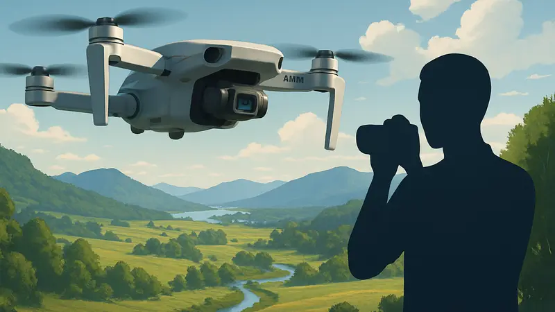Компактный дрон DJI Mini 4K летит в небе, снимая пейзаж, символизируя доступность профессиональной съёмки с дрона.
