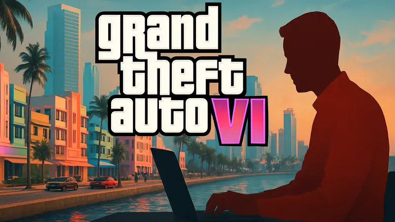 Логотип Grand Theft Auto 6 на фоне Vice City, подчеркивающий задержку релиза на ПК.