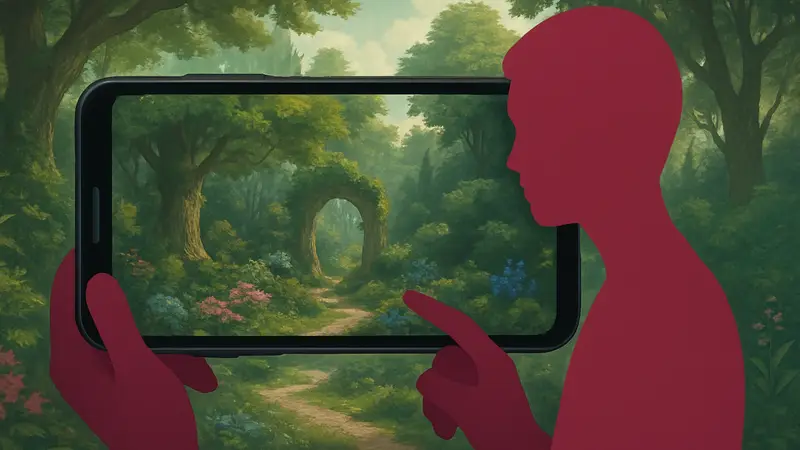 Скриншот игры Paradisum, где показан цифровой сад на мобильном устройстве.