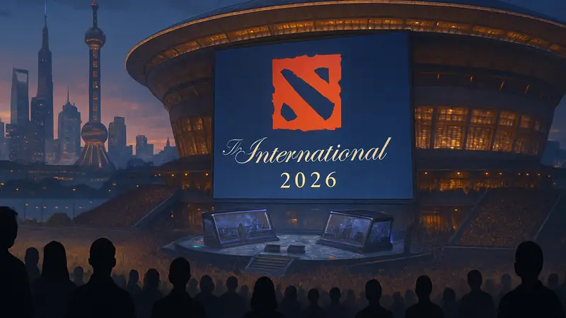 Арена The International 2026 в Шанхае, логотип Dota 2, киберспортивный турнир